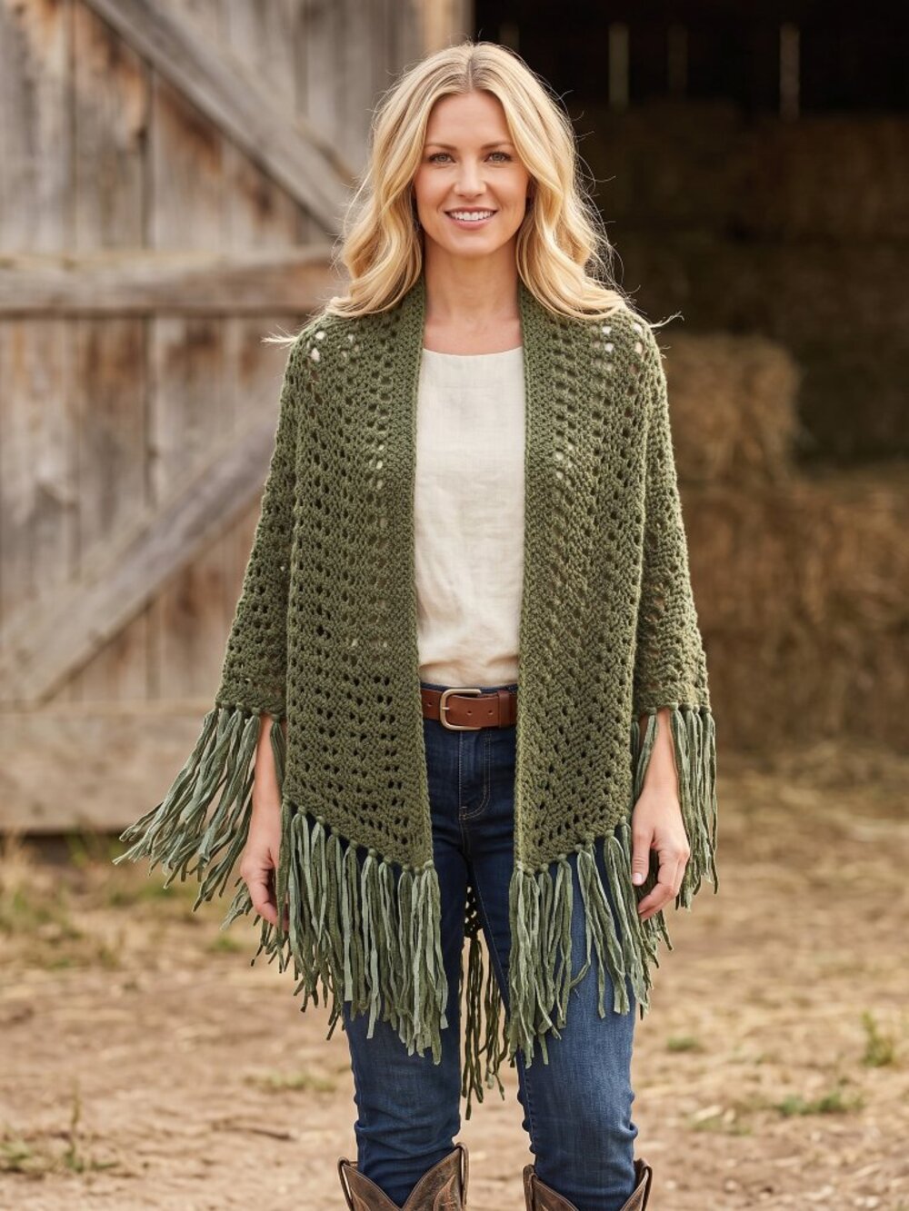 NEW Green Hand Knitted Shawl Wrap Scarf Boho Hippie Fringe Cottage Indie Artsy